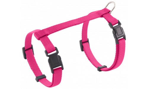 Collare per gatto rosa con cinturini regolabili e D-ring in metallo resistente per guinzaglio, sicuro e comodo.