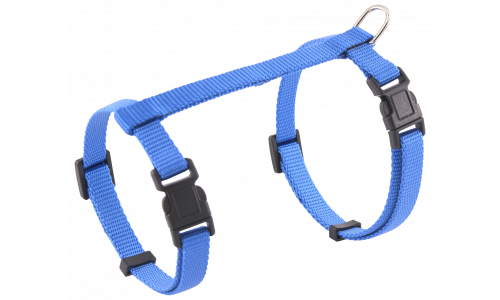 Collare per gatto blu con cinturini regolabili e D-ring in metallo resistente per guinzaglio, sicuro e comodo.