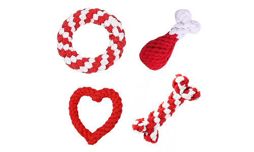Set di 4 giocattoli per cani in corda rossi e bianchi, anello, bastoncino, cuore e osso, per gioco interattivo.
