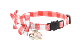 Collare per gatto con fiocco rosso e bianco a quadretti, campanella e charm 'love' a forma di cuore, portatile e leggero.