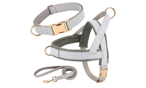 Kit per imbracatura per cane argento con collare e guinzaglio abbinati, leggero, resistente e durevole, comodo e sicuro.