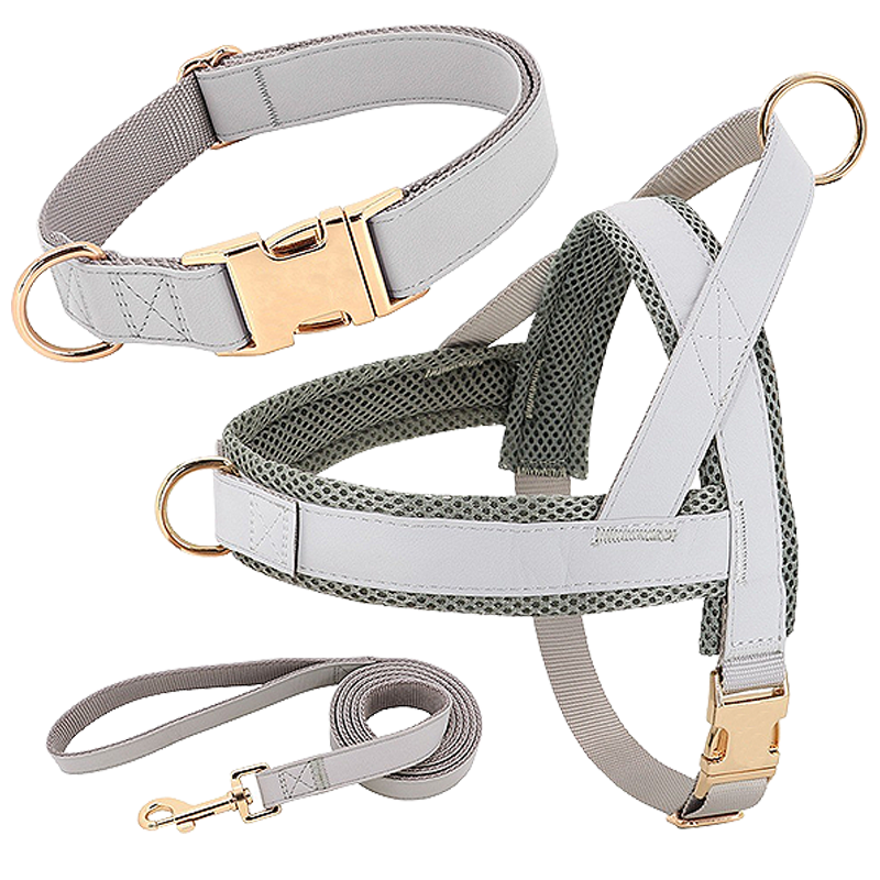 Set Pettorina con Collare e Guinzaglio Kit per imbracatura per cane argento con collare e guinzaglio abbinati, leggero, resistente e durevole, comodo e sicuro.