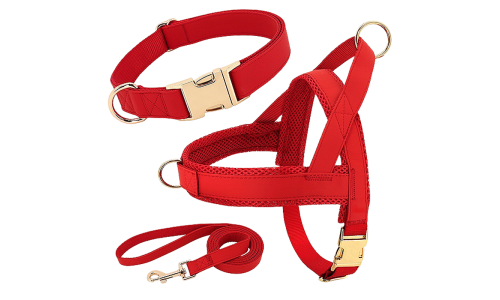 Kit per imbracatura per cane rosso con collare e guinzaglio abbinati, leggero, resistente e durevole, comodo e sicuro.
