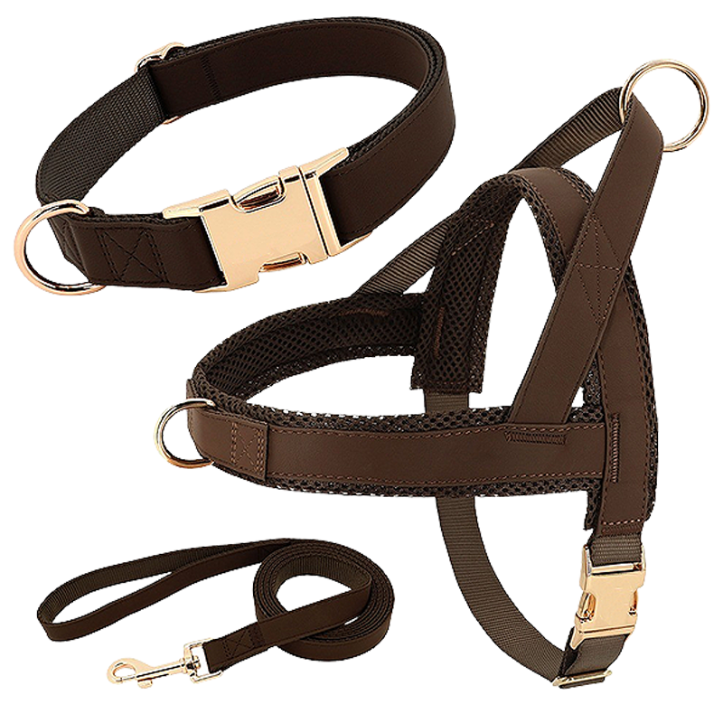 Set Pettorina con Collare e Guinzaglio Kit per imbracatura per cane marrone con collare e guinzaglio abbinati, leggero, resistente e durevole, comodo e sicuro.