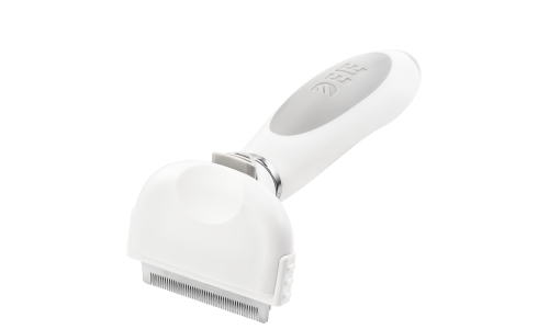 Spazzola bianca per desheding piccola per cani con denti in metallo fine e manico ergonomico, per la muta.