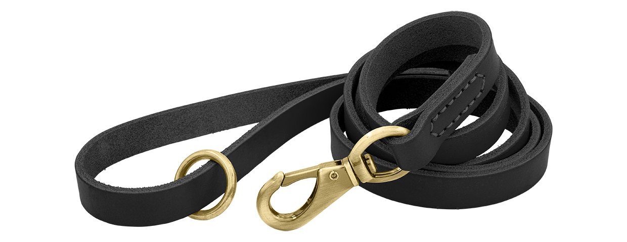 Guinzaglio di Lusso per Cani in Vera Pelle Guinzaglio per cane in pelle nera di lusso, lunghezza 150 cm, comodo, con fibbia e anello dorato per durata.
