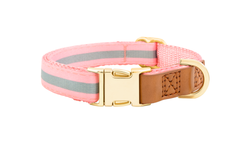 Collare per cane rosa con fibbia metallica dorata regolabile, lunghezza 27-40 cm, con D-ring per attacco guinzaglio.