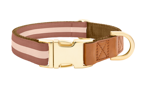Collare per cane marrone con fibbia metallica dorata regolabile, lunghezza 40-63 cm, con D-ring per attacco guinzaglio.
