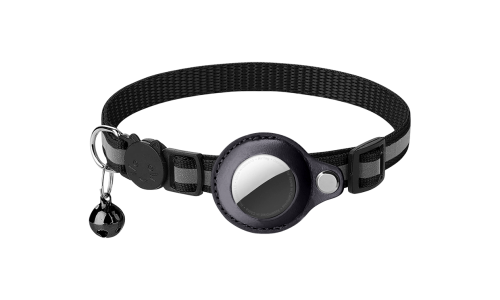 Collare riflettente nero per gatto con supporto per AirTag, regolabile e leggero per comfort, con campanella nera.