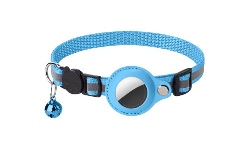 Collare riflettente blu per gatto con supporto per AirTag, regolabile e leggero per comfort, con campanella blu.