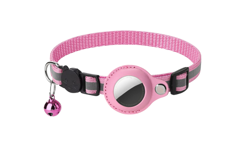 Collare riflettente rosa per gatto con supporto per AirTag, regolabile e leggero per comfort, con campanella rosa.