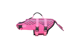 Simpatico Giubbotto Salvagente per Cani Giubbotto salvagente per cane a tema sirena in rosa con scaglie, alta visibilità.