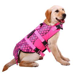 Giubbotto salvagente per cane a tema sirena in rosa con scaglie, per galleggiamento.
