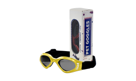 Occhiali da sole per cane gialli con protezione UV, lenti scure per protezione occhi e look elegante. Pieghevoli e portatili.