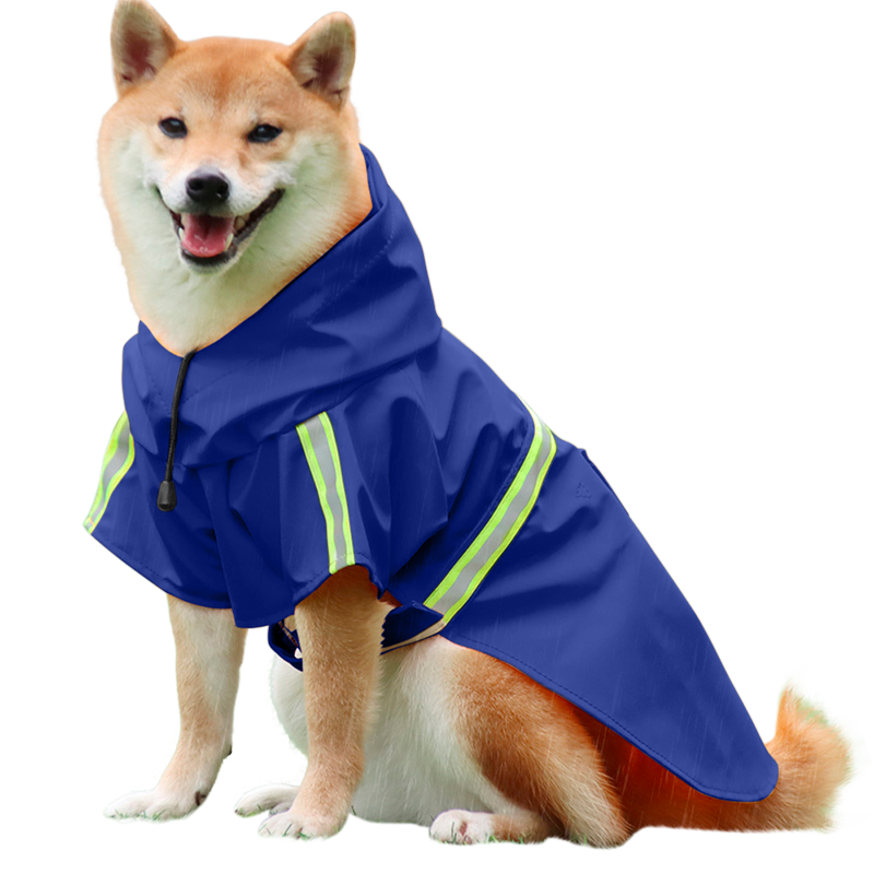 Impermeabile per Cani Antipioggia con Striscia Riflettente Shiba Inu in impermeabile blu con strisce riflettenti, facili cinturini per passeggiate sotto la pioggia.