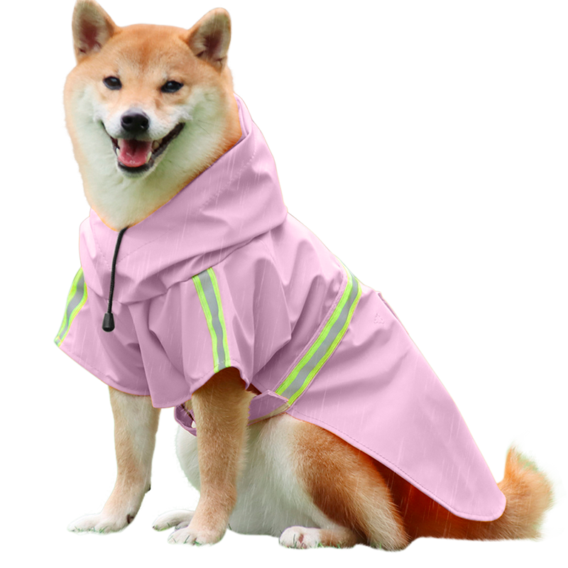Impermeabile per Cani Antipioggia con Striscia Riflettente Shiba Inu in impermeabile rosa con strisce riflettenti, facili cinturini per passeggiate sotto la pioggia.