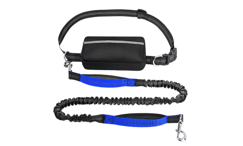 Guinzaglio per cane hands-free blu con cintura regolabile e tasca, estensibile da 27 a 48 pollici, per corse sicure.