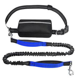 Guinzaglio per cane hands-free blu con cintura regolabile e tasca, estensibile da 27 a 48 pollici, per corse sicure.