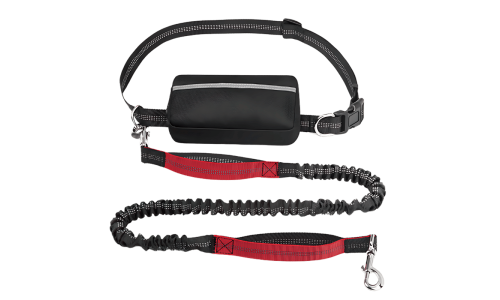 Guinzaglio per cane hands-free rosso con cintura regolabile e tasca, estensibile da 27 a 48 pollici, per corse sicure.