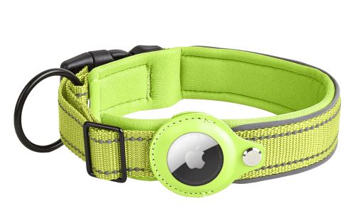 Collare riflettente verde per cane con supporto per Airtag, regolabile, nylon leggero, per tracciamento e visibilità.