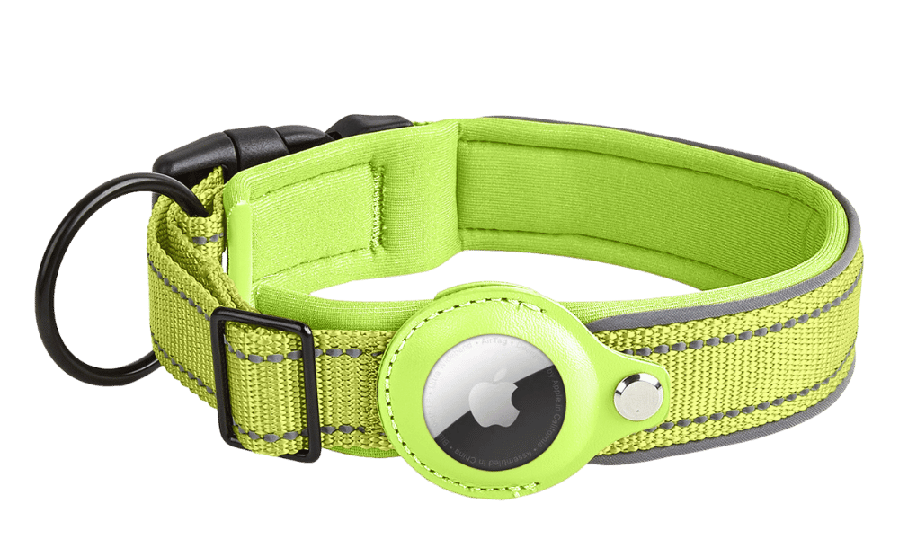 Collare per Cani Riflettente Airtag Collare riflettente verde per cane con supporto per Airtag, regolabile, nylon leggero, per tracciamento e visibilità.
