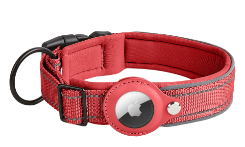 Collare riflettente rosso per cane con supporto per Airtag, regolabile, nylon leggero, per tracciamento e visibilità.