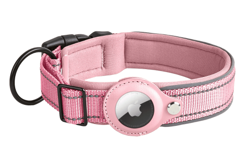 Collare riflettente rosa chiaro per cane con supporto per Airtag, regolabile, nylon leggero, per tracciamento e visibilità.
