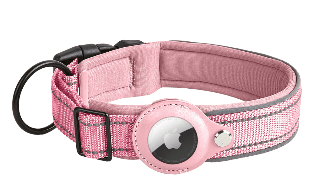 Collare per Cani Riflettente Airtag Collare riflettente rosa chiaro per cane con supporto per Airtag, regolabile, nylon leggero, per tracciamento e visibilità.