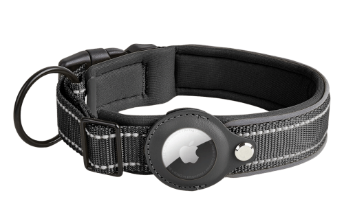 Collare riflettente nero per cane con supporto per Airtag, regolabile, nylon leggero, per tracciamento e visibilità.