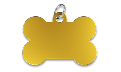 Medaglietta cane a forma di osso gialla con finitura liscia, anello argentato, personalizzabile con nome inciso.
