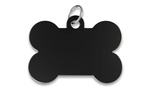 Medaglietta cane a forma di osso nera con finitura liscia, anello argentato, personalizzabile con nome inciso.