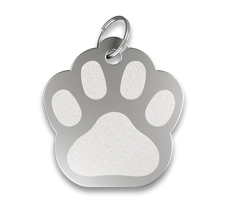 Targhetta incisa Zampa Medaglietta cane a forma di zampa argentata con finitura liscia, anello argentato, personalizzabile con nome inciso.
