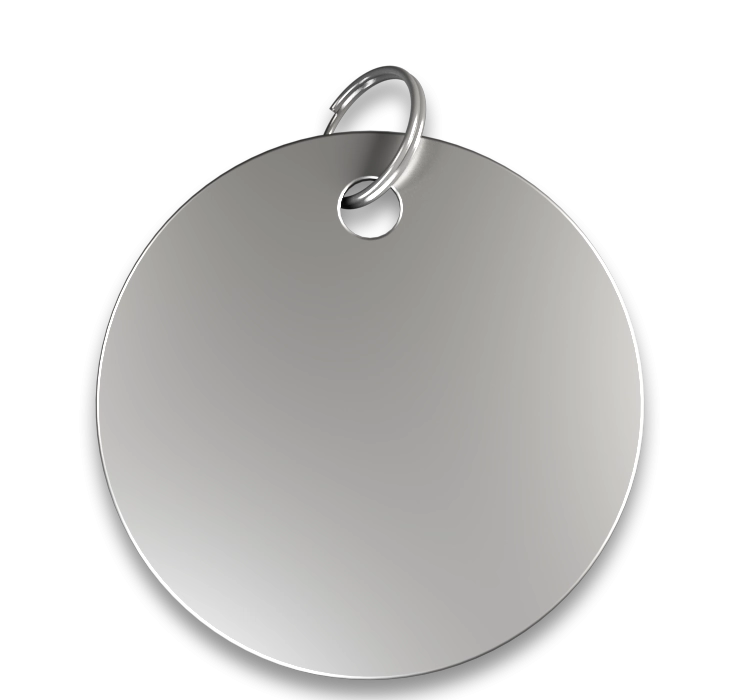 Targhetta incisa Rotonda Medaglietta cane a forma tonda argentata con finitura liscia, anello argentato, personalizzabile con nome inciso.