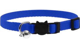 Collare gatto regolabile blu, leggero, fibbia di sicurezza con design gatto e piccolo campanellino argento.