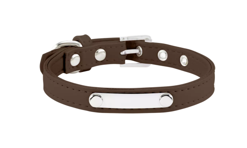 Collare per cane marrone classico con placca ID integrata per incisione del nome del cane, lunghezza 10,6 - 13,4 pollici.