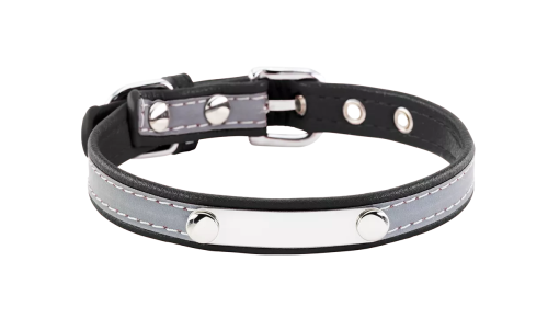 Collare per cane riflettente nero con placca ID integrata per incisione del nome del cane, lunghezza 10,6 - 13,4 pollici.