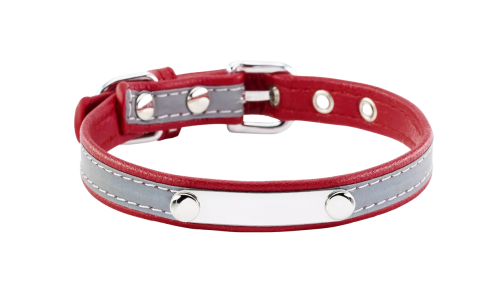Collare per cane riflettente rosso con placca ID integrata per incisione del nome, lunghezza 10,6 - 13,4 pollici.