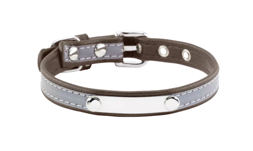 Collare per cane riflettente marrone con placca ID integrata per incisione del nome del cane, lunghezza 10,6 - 13,4 pollici.