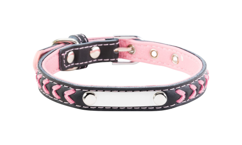 Collare per cane intrecciato rosa con placca ID integrata per incisione del nome del cane, lunghezza 10,6 - 13,4 pollici.