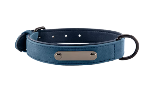 Collare per cane in velluto blu con placca ID integrata per incisione del nome, lunghezza 35 - 37 cm, con D-ring.