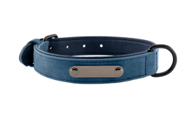 Collare per cane in velluto blu con placca ID integrata per incisione del nome, lunghezza 35 - 37 cm, con D-ring.