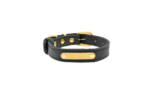 Collare per cane in pelle genuina nera con placca ID dorata per incisione del nome, lunghezza 37-40 cm.
