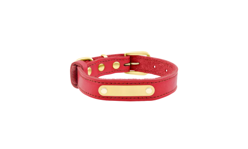 Collare per cane in pelle genuina rossa con placca ID dorata per incisione del nome, lunghezza 37-40 cm.