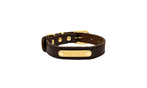 Collare per cane in pelle genuina marrone con placca ID dorata per incisione del nome, lunghezza 37-40 cm.