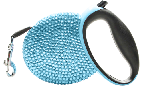 Guinzaglio retrattile di lusso blu con strass blu brillanti, manico nero, estensibile fino a 3 metri.