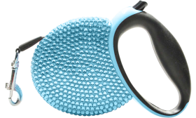 Guinzaglio retrattile di lusso blu con strass blu brillanti, manico nero, estensibile fino a 3 metri.