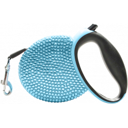 Guinzaglio retrattile di lusso blu con strass blu brillanti, manico nero, estensibile fino a 3 metri.