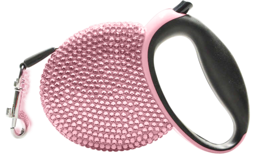 Guinzaglio retrattile di lusso rosa con strass blu brillanti, manico nero, estensibile fino a 3 metri.