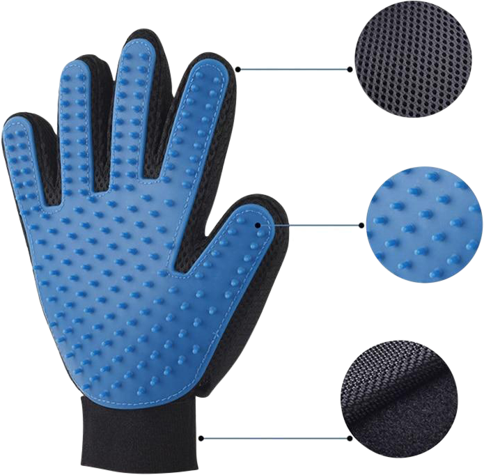 Guanto da toelettatura blu per cani e gatti, cinque dita con punte in gomma per una toelettatura efficace.