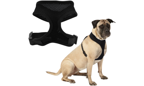 Imbracatura cane in rete nera, leggera, comoda, con cinghie nere regolabili e clip resistente.